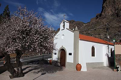 Mandelblüte und Kirche von Ayacata auf Gran Canaria